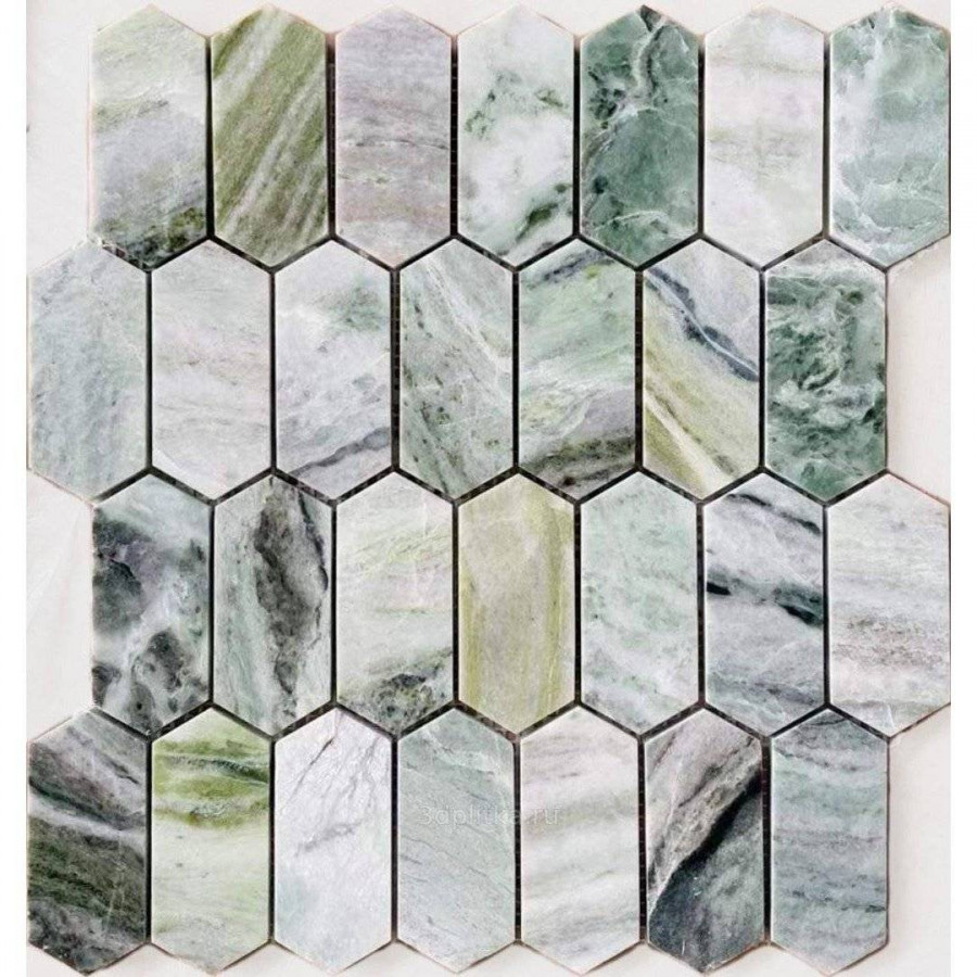 Мозаика 30x28 7мм Pietrine Hexagonal Onice Verde Oliva Pol Long Hex (3.8x8.6) глянцевая зеленый LeeDo