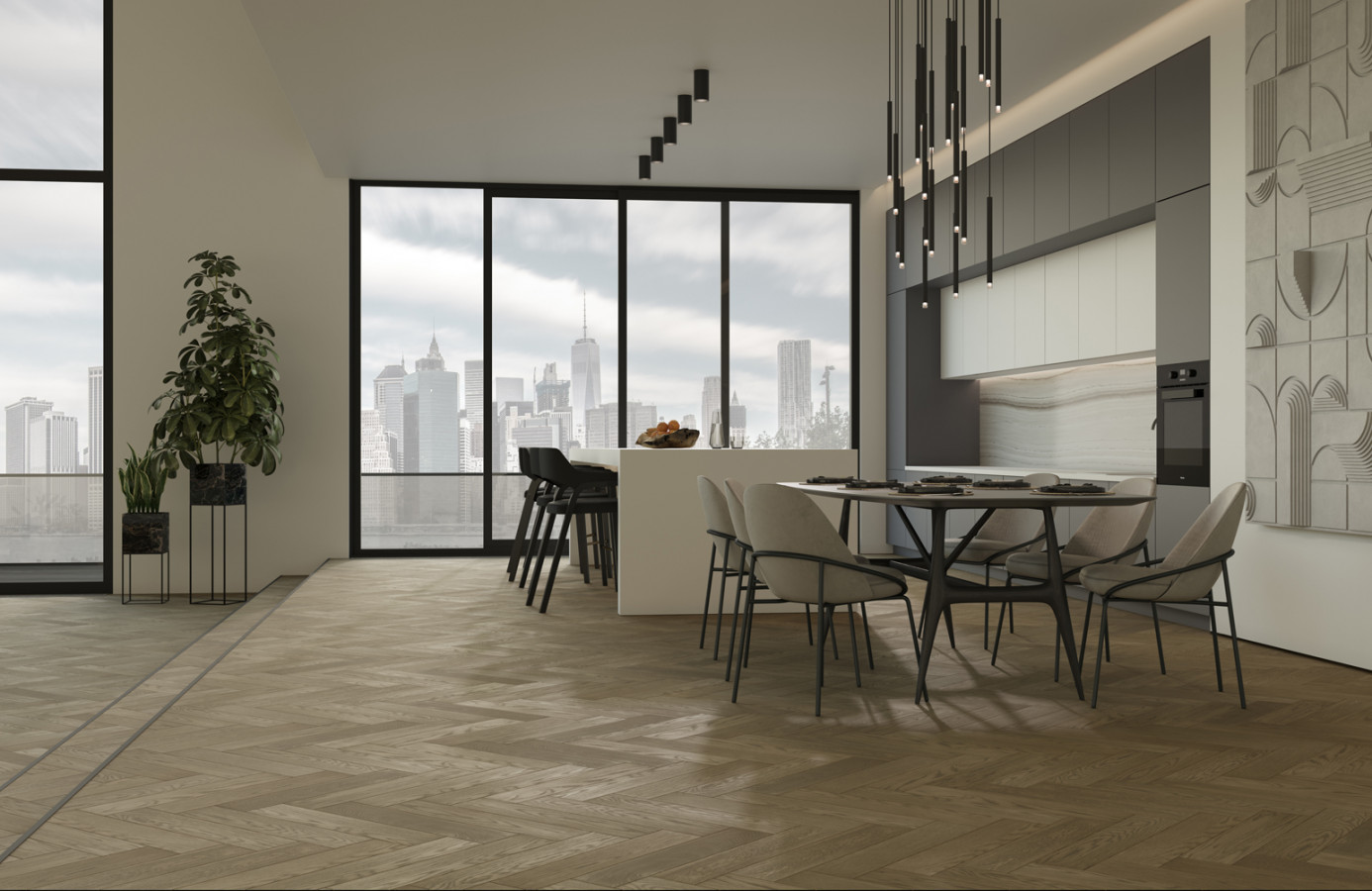 Кварцевый паркет Английская Ёлка Дуб Карельский 33-419 5/0,6 635x127 Quartz Parquet